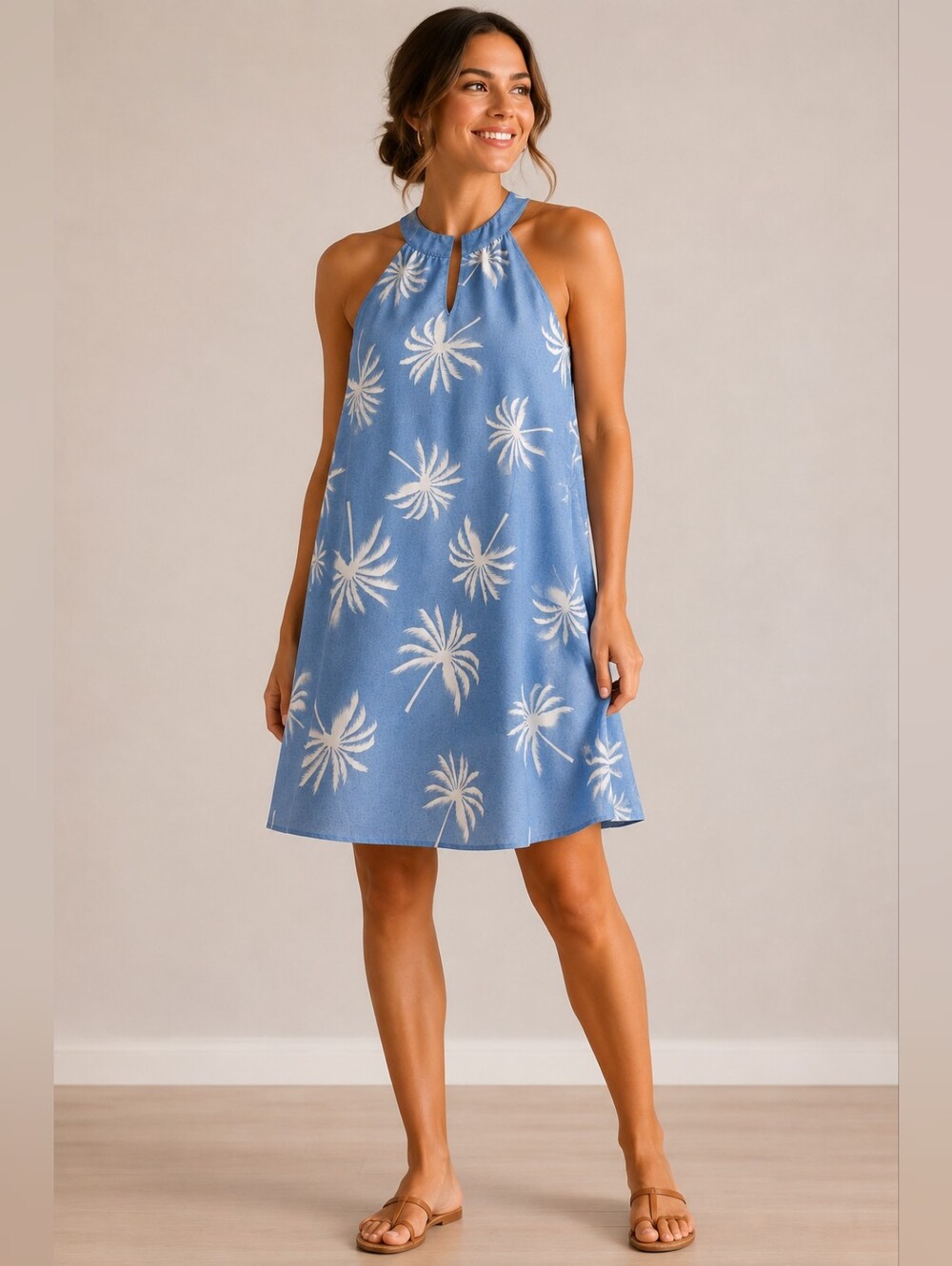 Women’s Blue & White Palm Tree Halter Dress – Size Large